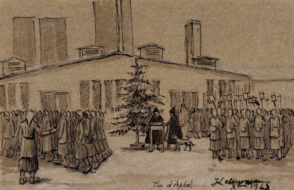 Jeanne Letourneau, »Fin d’Appel« [Ende des Appells], Dezember 1943.Tusche und Bleistift auf Papier, 14,5 x 24 cm, Archives départementales de Maine-et-Loire, 189 J./Dessin n° 1