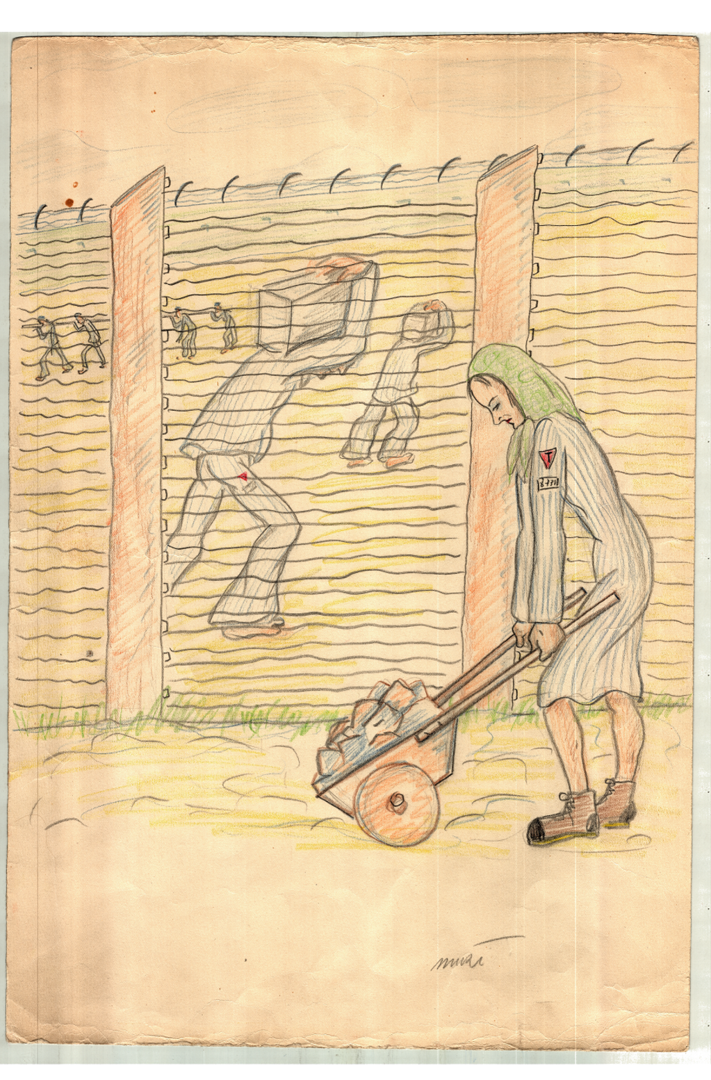 Ohne Titel, Zeichnung von Nina Jirsíková, undatiert; Buntstift auf Papier, 29,7 x 44 cm, Mahn- und Gedenkstätte Ravensbrück, V781 E1